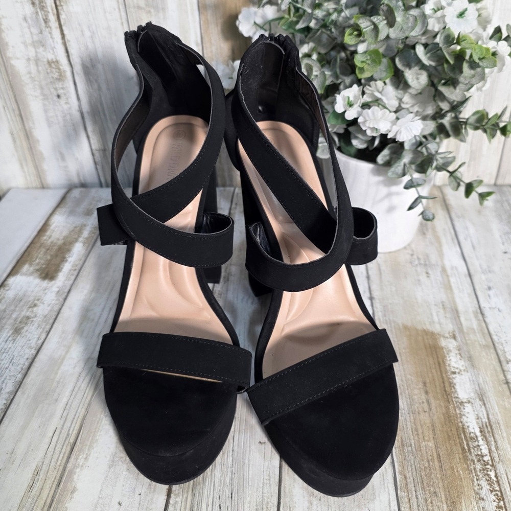 Wild Diva Lounge Black Faux Suede Platform Block Heel Sandals Womens 10 Back Zip